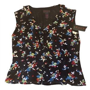 Ralph Lauren Floral Sleeveless Ruffled Black Blouse Size L NWT